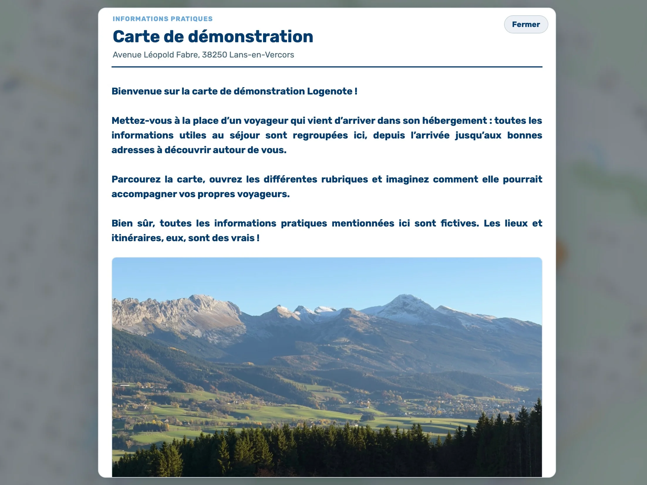Informations pratiques de séjour affichées sur une carte Logenote
