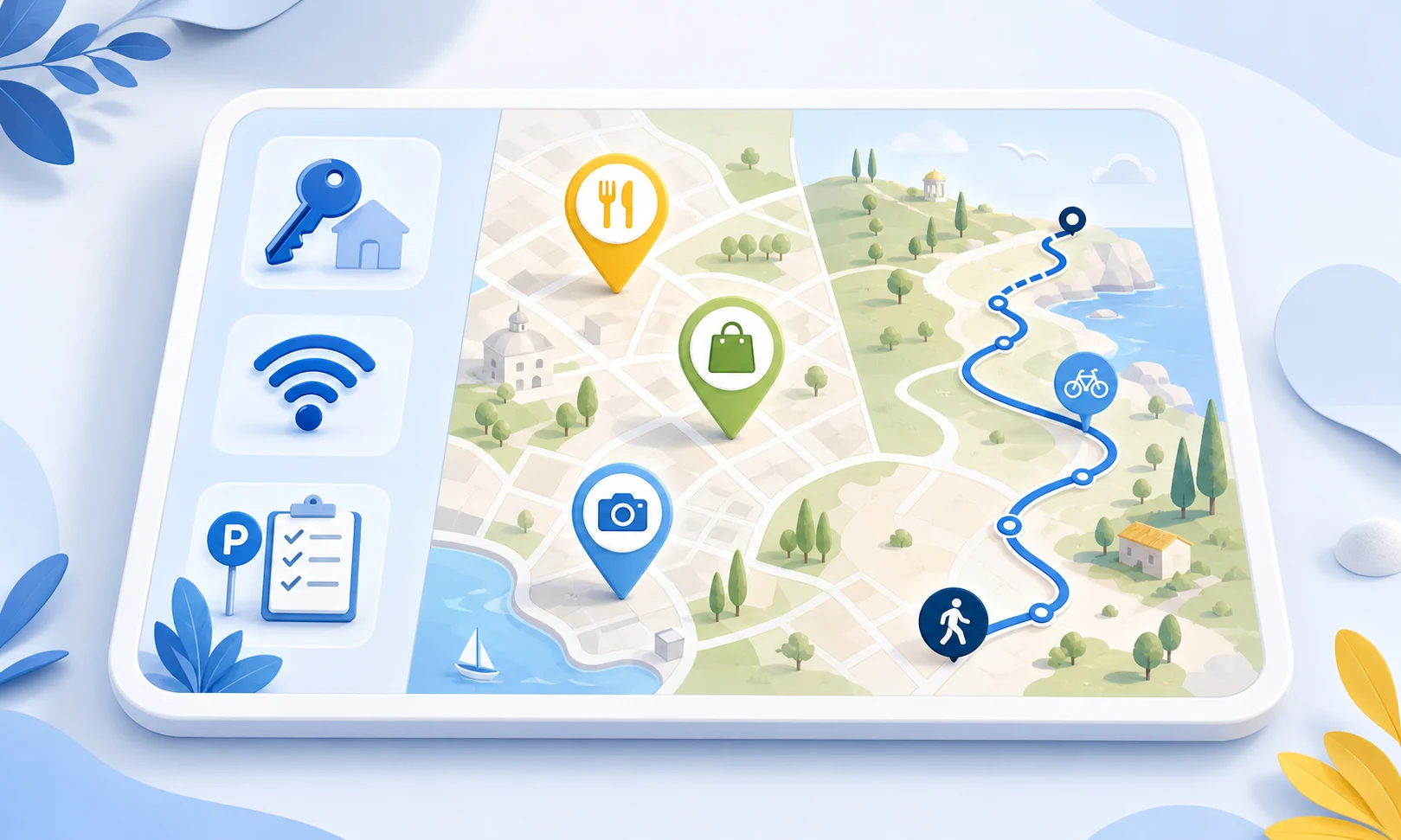 Illustration d’une carte d’accueil réunissant informations pratiques, bonnes adresses et itinéraires