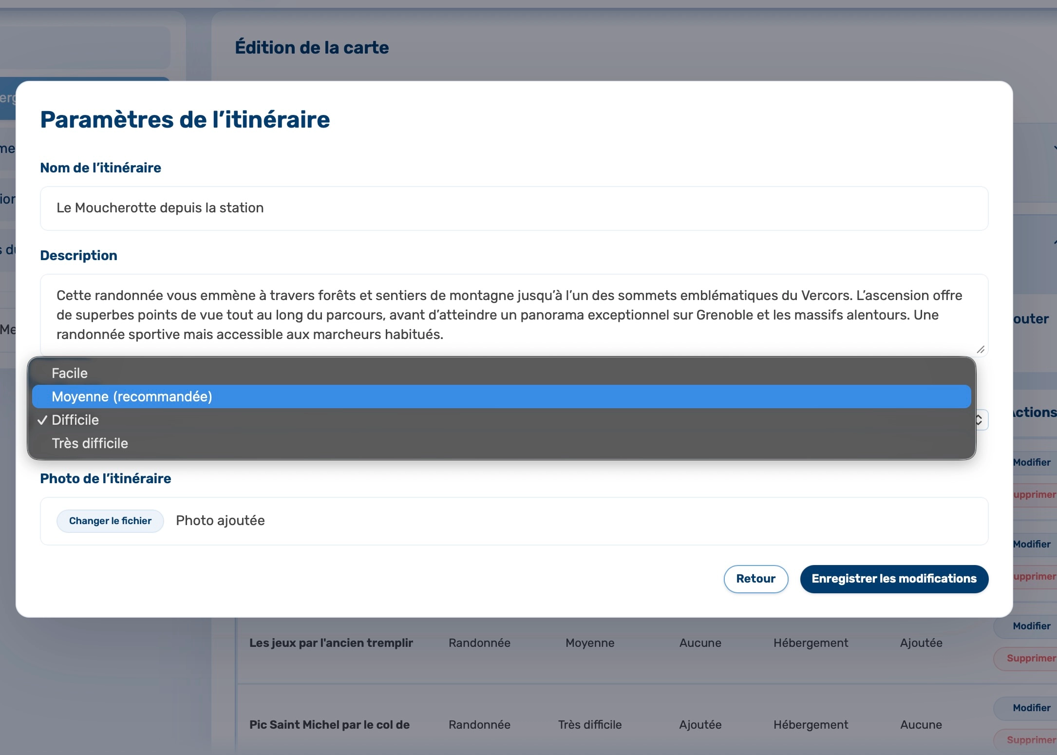 Interface de modification des informations Logenote